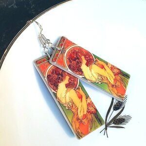 Art Nouveau Alfonse Mucha Painting Lucite Acrylic Rectangle Pendant Earrings
